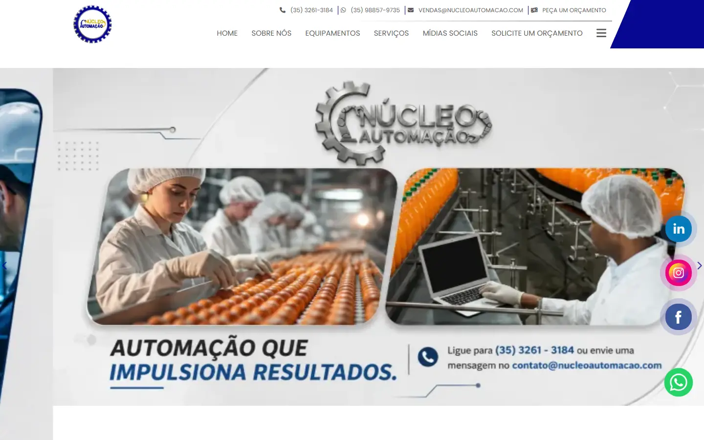 Página inicial do site da Núcleo Automação