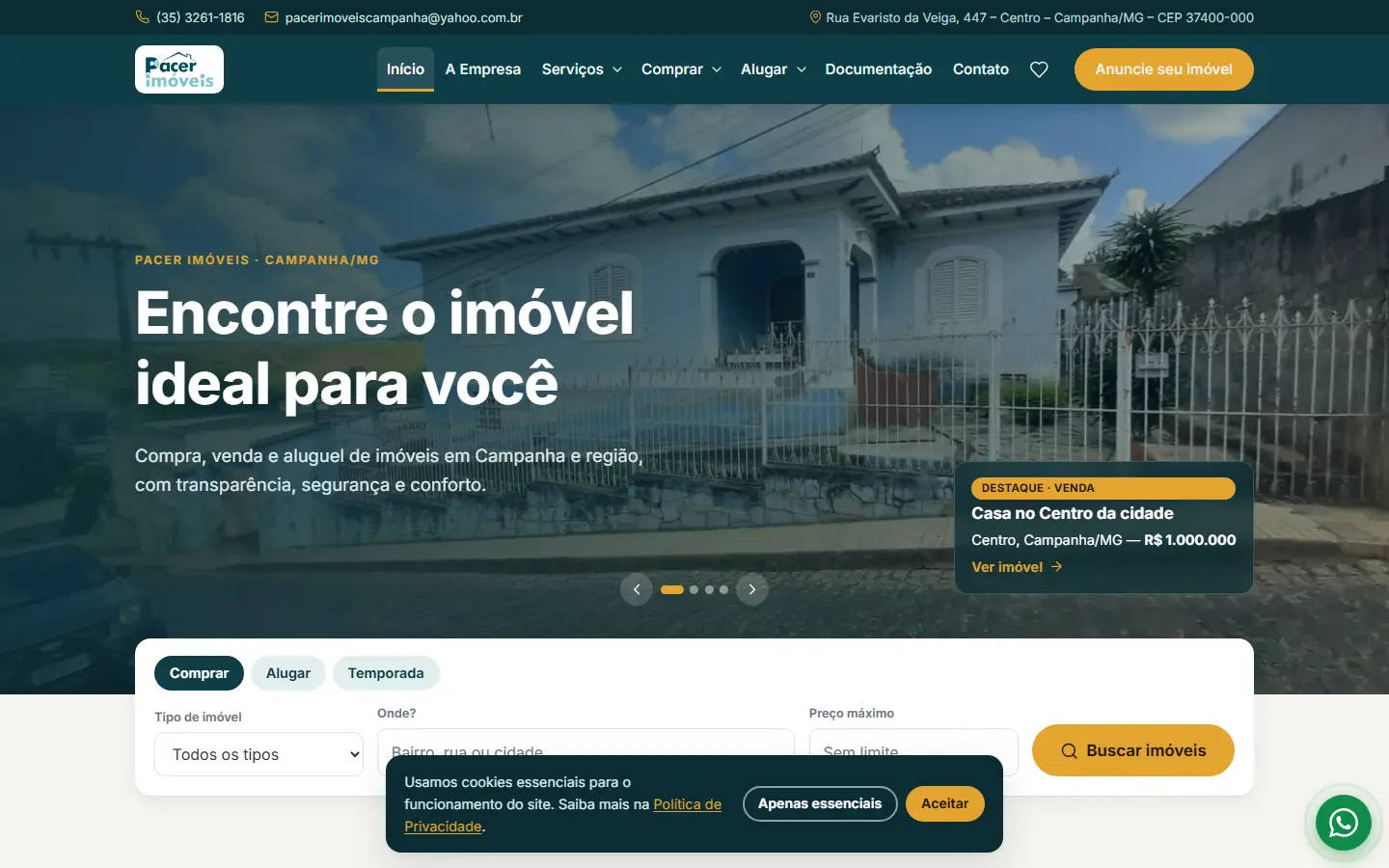 Página inicial do site da Pacer Imóveis