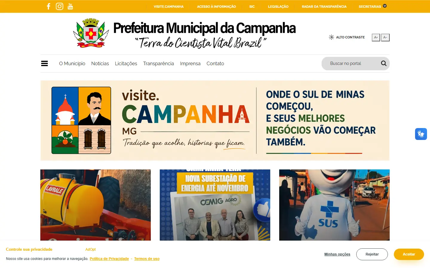Página inicial do portal da Prefeitura Municipal de Campanha