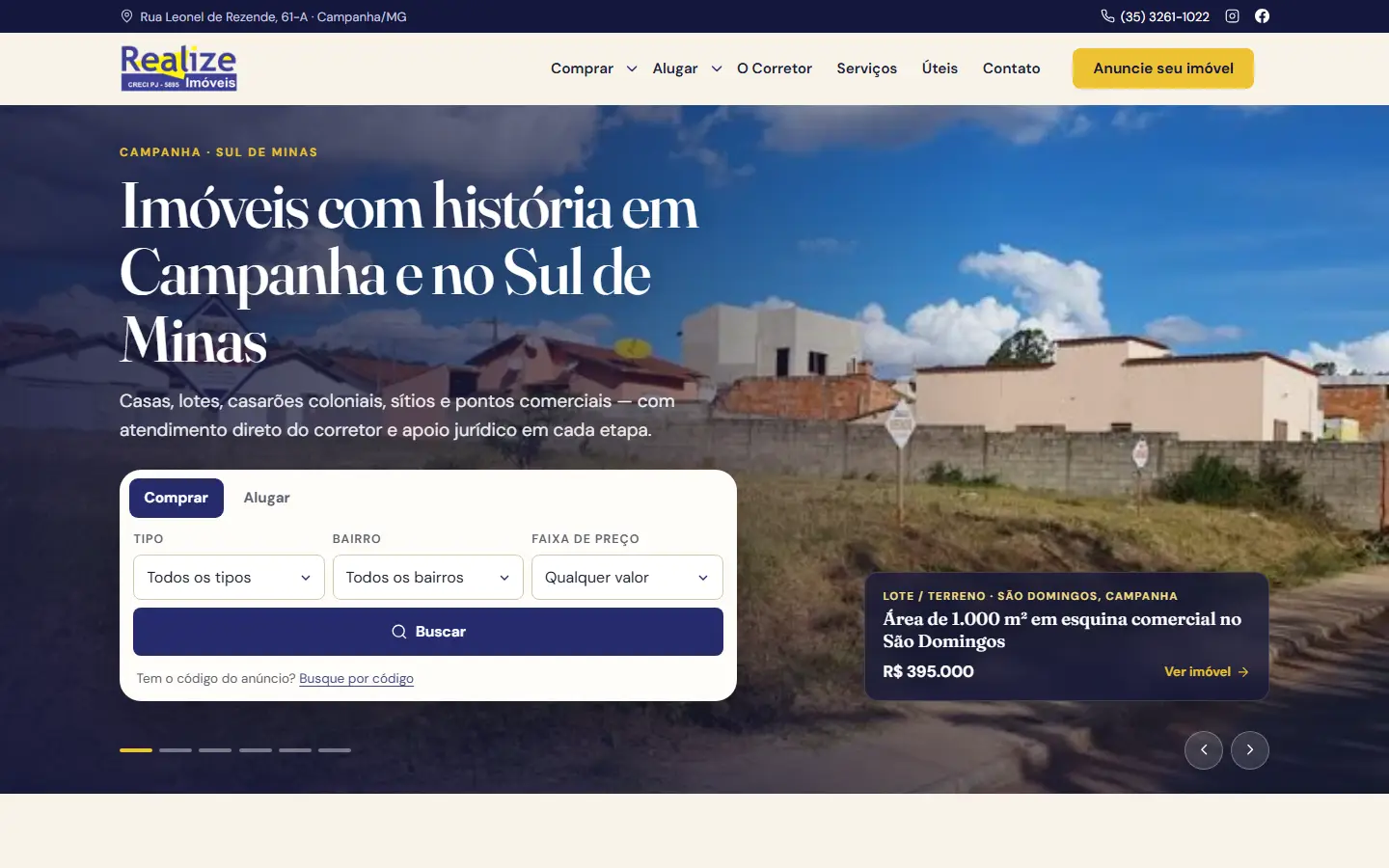 Página inicial do site da Realize Imóveis